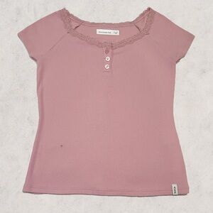 Abercrombie Kids Girls Pink Lace Trim Ribbed Short Sleeve Shirt- Size 11/12